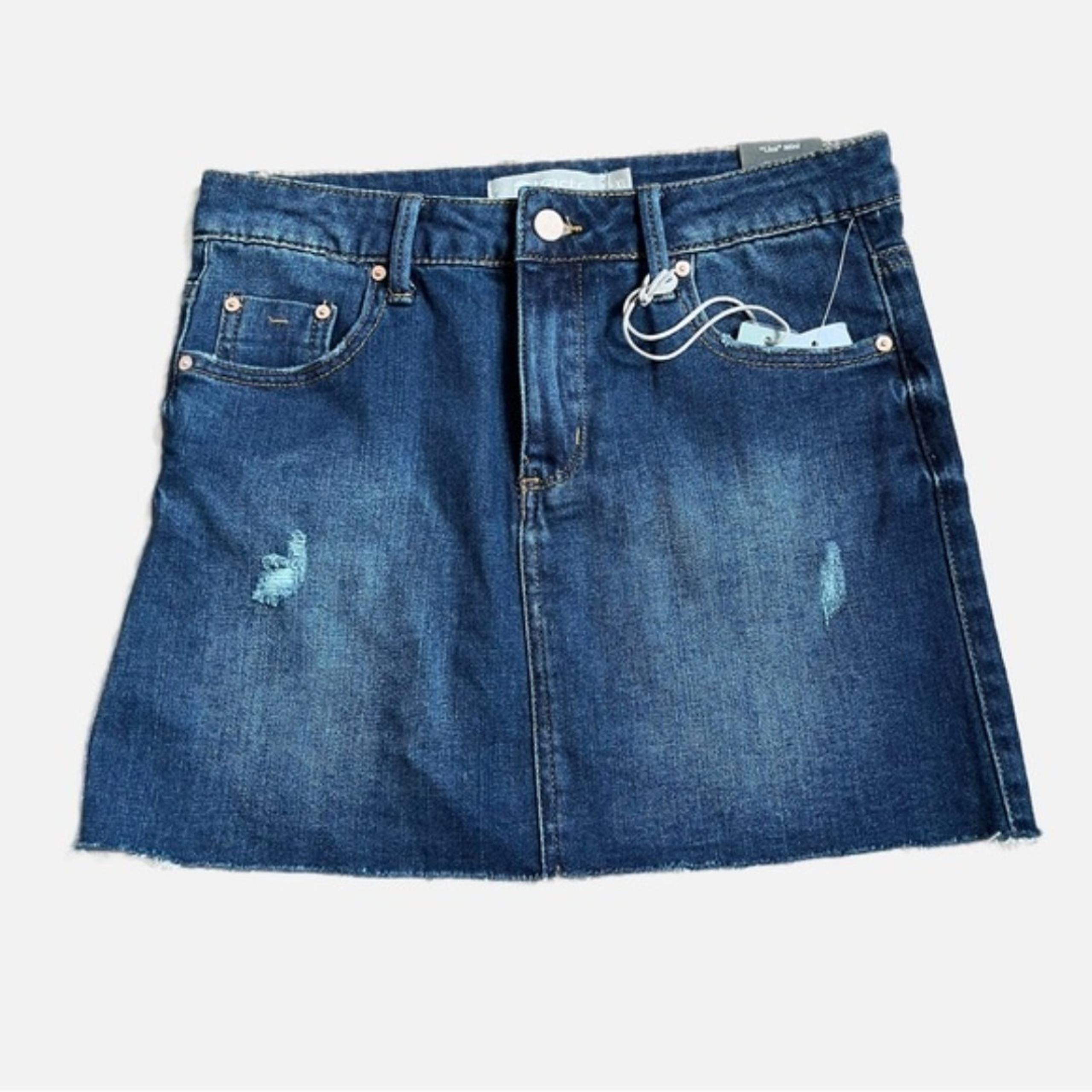 Tractr Girls Lisa Distressed Mini Skirt Denim Raw Hem Dark Wash Slim Size XL