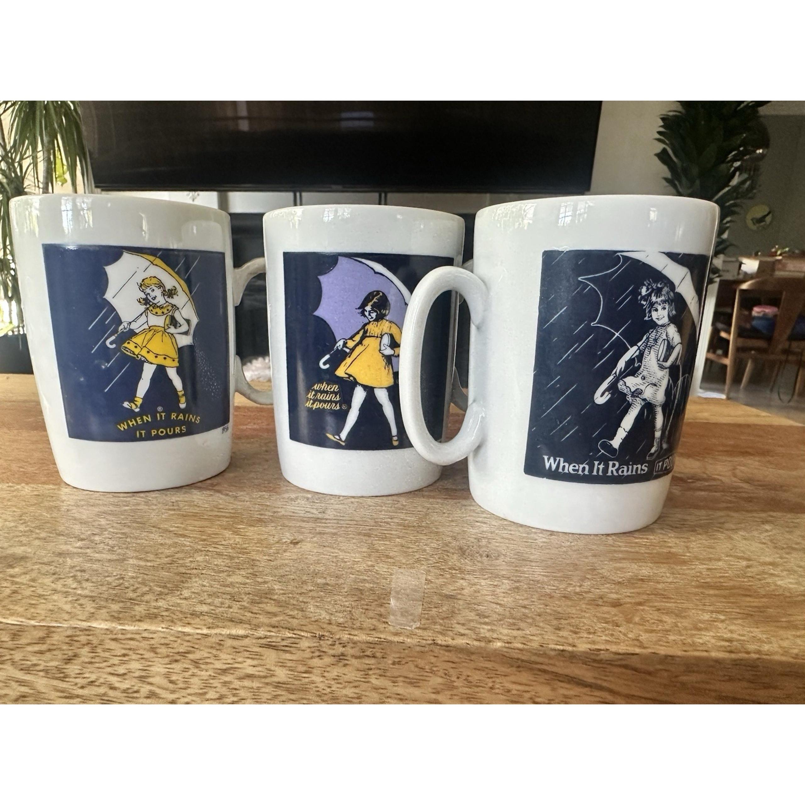Morton Salt Coffee Mugs Set of 3 "When it Rains It Pours" Quote