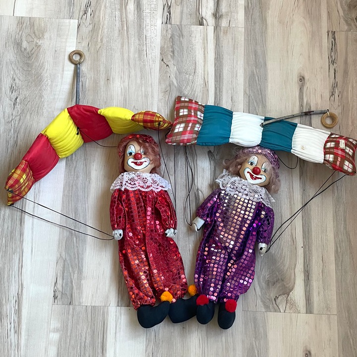 RARE! 1-Pair Skydiving Marionette Clown On parachute 32 Porcelain Head Vintage