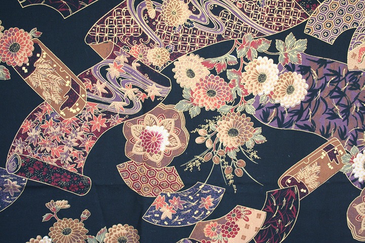 Vintage Asian fabric Kona Bay Japanese scrolls fans floral chrysanthemum black