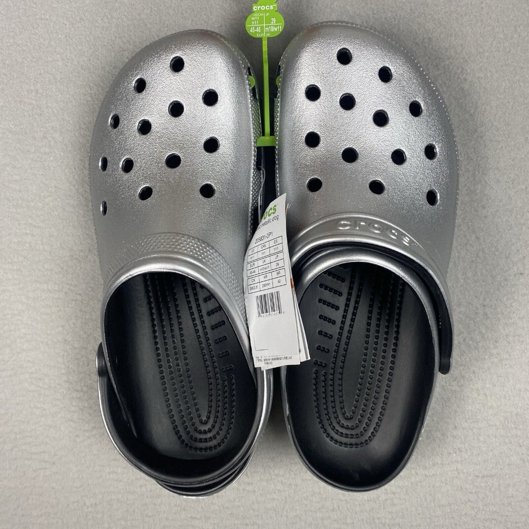 NEW Crocs Mens Size 11 Classic Metallic Clog Silver Slip On Casual Lifestyle