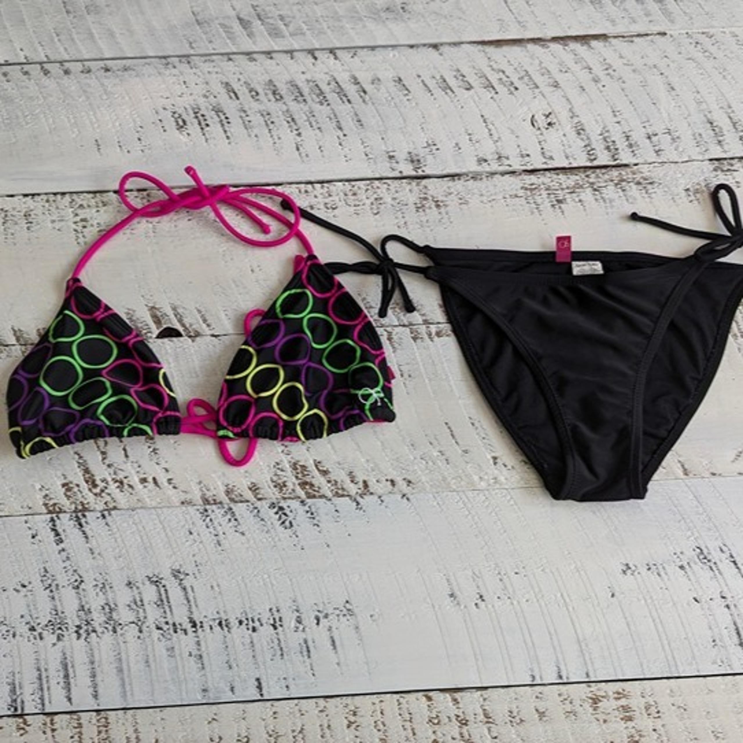 Vintage Y2K OP Size S Black & Neon Magenta Circle Print Triangle String Bikini