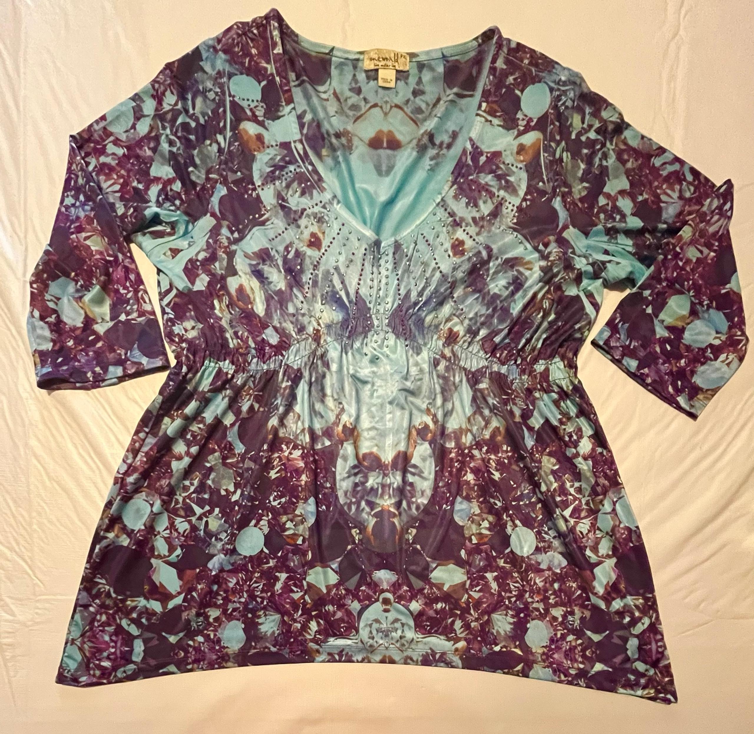 One World Women's Multicolor Tunic Top Embellished 3/4 Sleeves Sz PXL