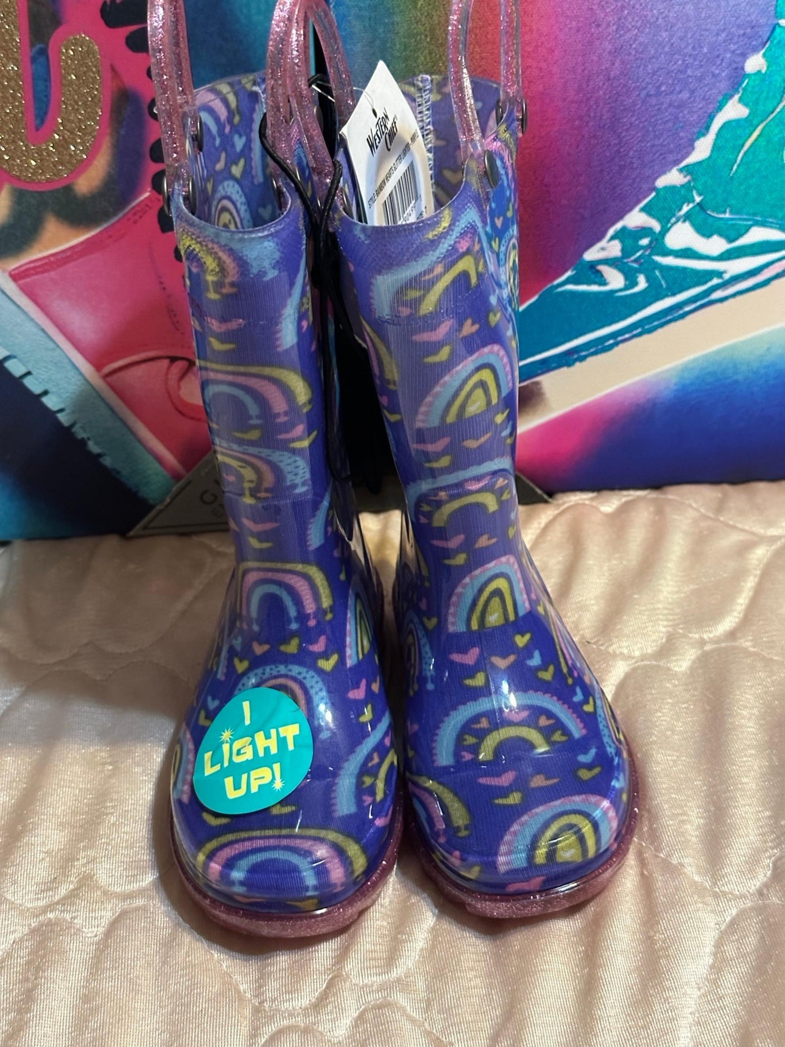 Western Chief Toddler Girls' Abby Rainbow Hearts Glitter Rain Boots sz 7 purple