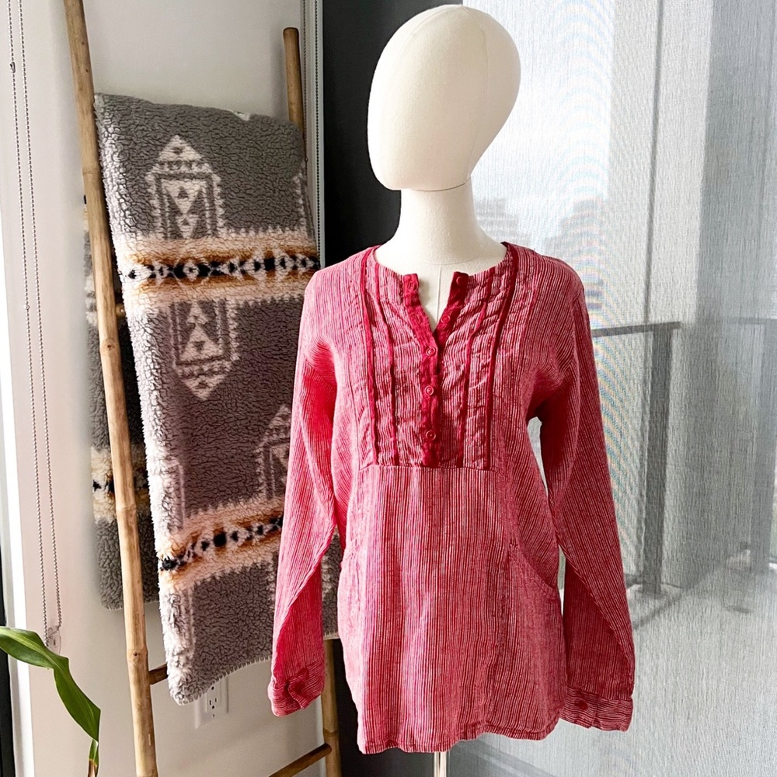 FLAX Red White Striped Long Sleeves Tunic Top Women’s Petite