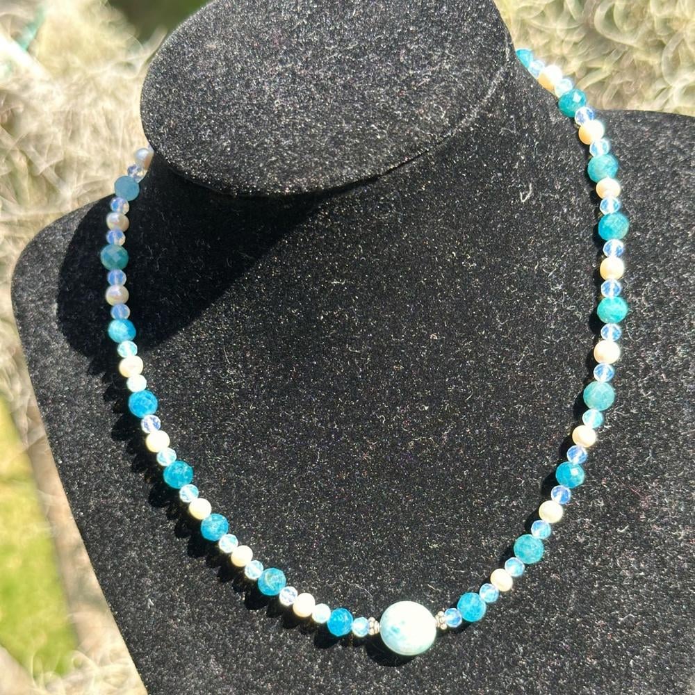 Larimar Apatite Opalite Vintage Pearl W/ .925 Sterling Silver Necklace
