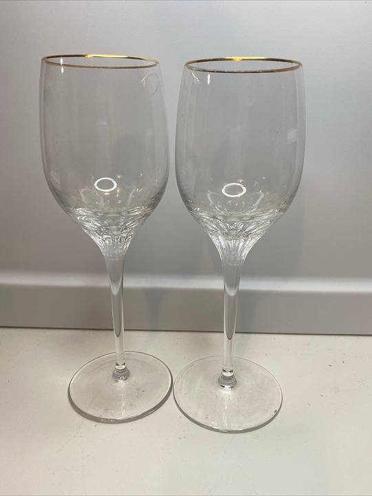 Set Of 2 Rogaska Crystal RGS17 Water Glasses Goblets Vertical Cuts Gold Rim