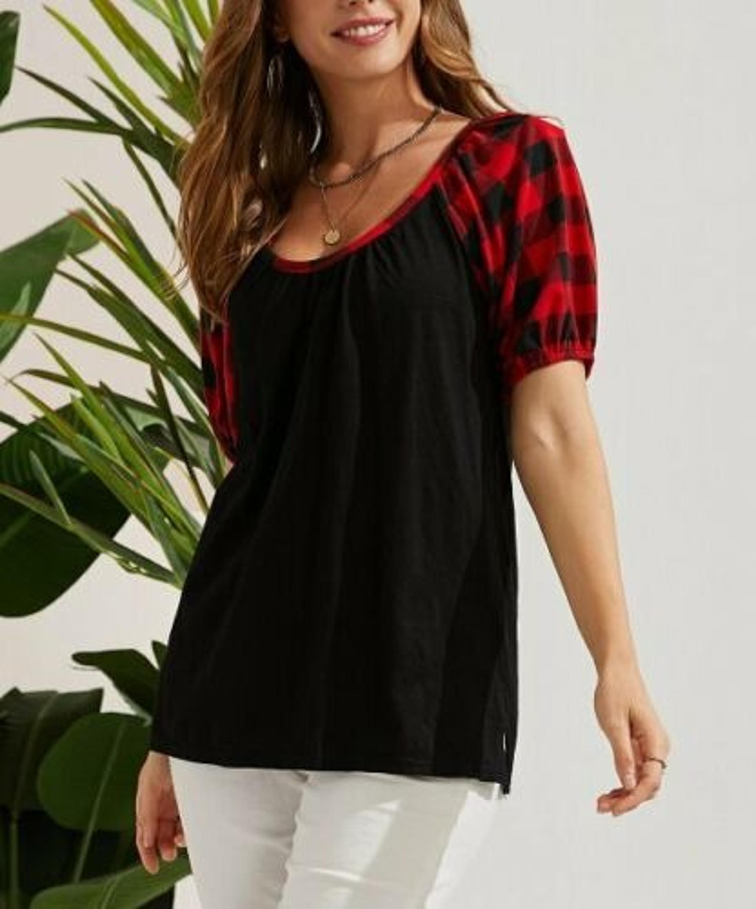 Suzanne Betro Weekend Women's Black Red Buffalo Check Scoop Neck Raglan Tunic XL
