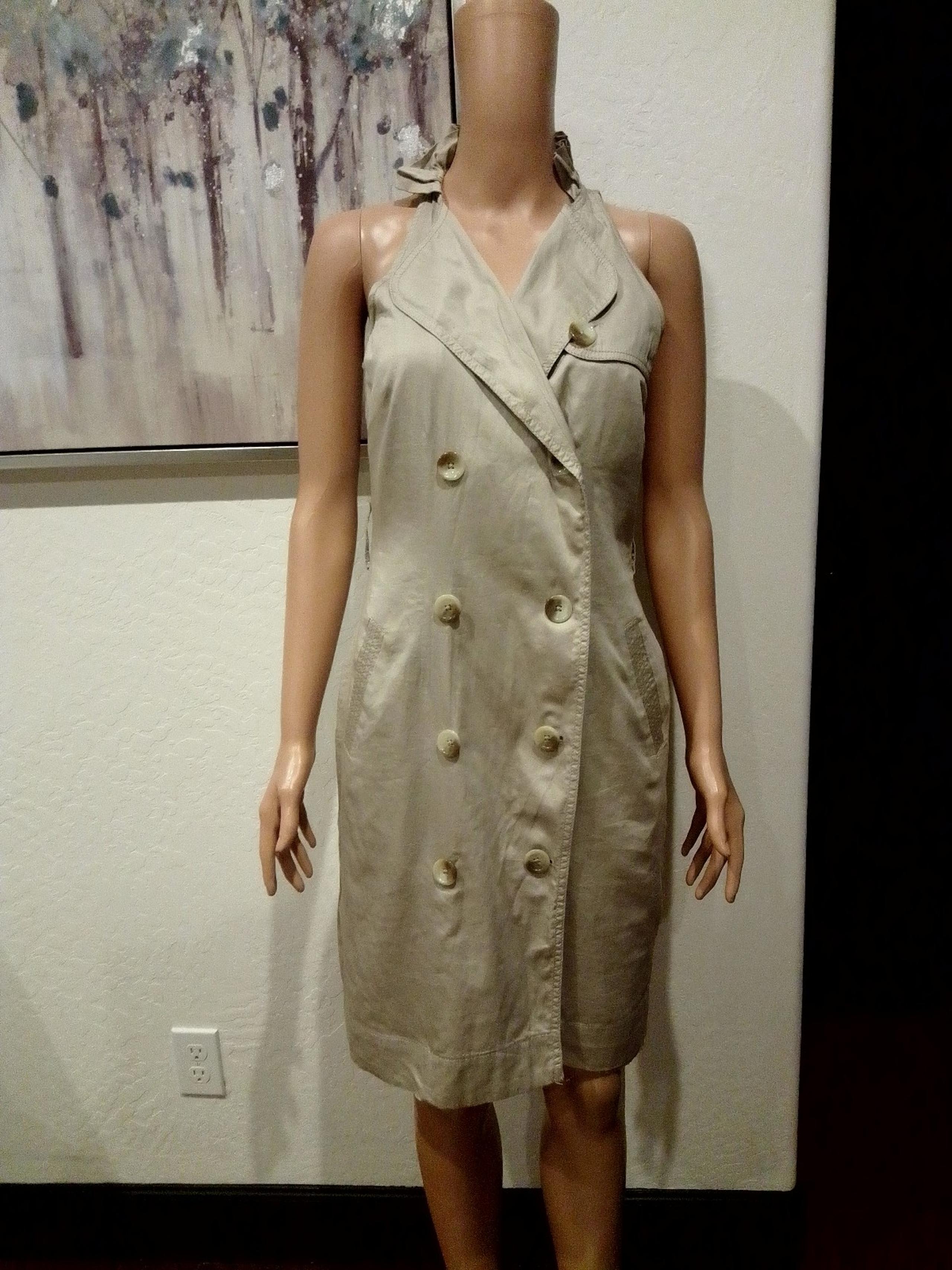 Vintage Ann Taylor Sleeveless Khaki Knee Length Trench Style Dress Size 6