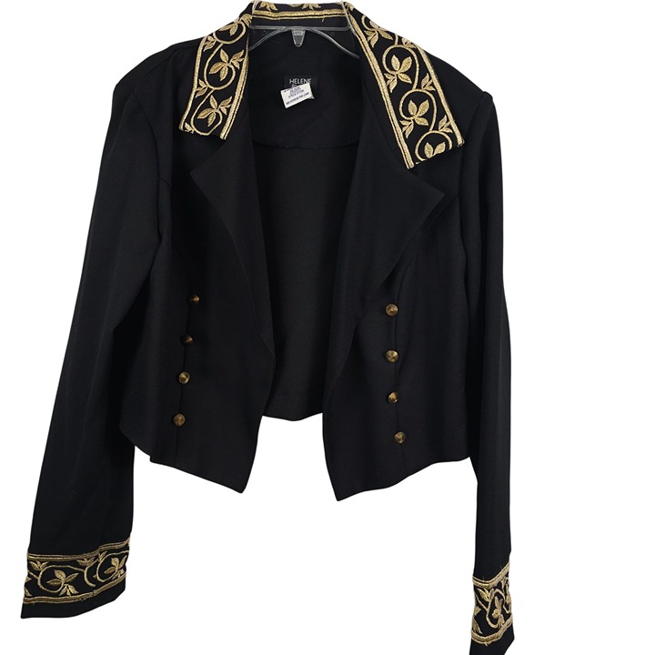 Helene Blake Evening Womens 14 Black Open Front Gold Embroidered Blazer Jacket
