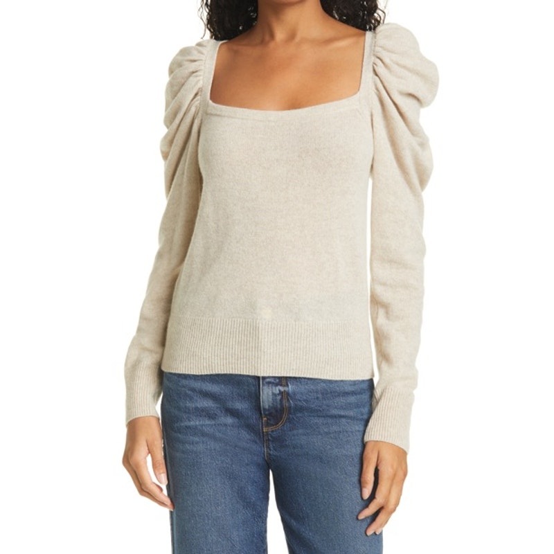 Frame Cashmere Puff Sleeve Square Neck Sweater Large