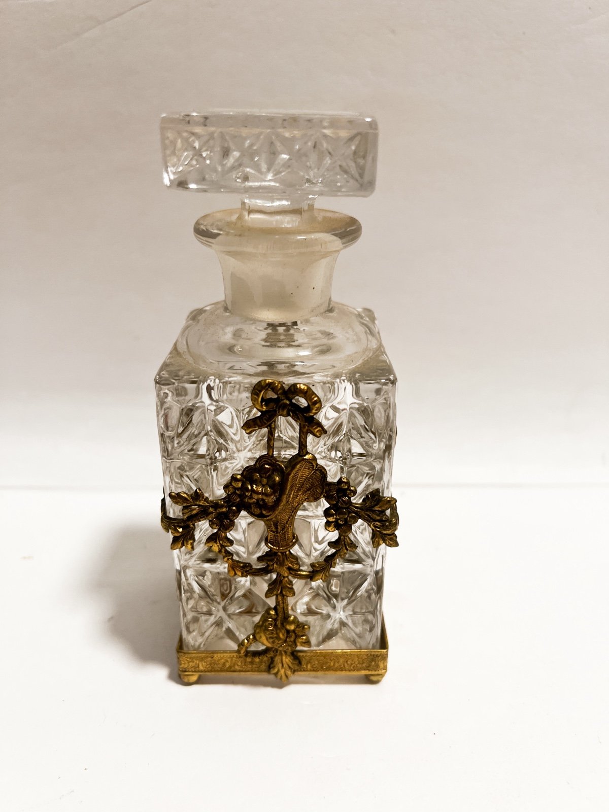 Vintage Gold Gilt Ormolu Filigree Decorated Glass Perfume Dresser Bottle