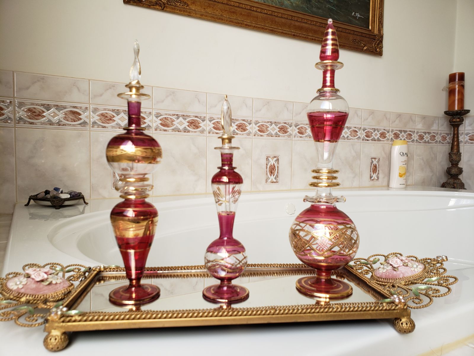 Vanity tray with perfume bottles