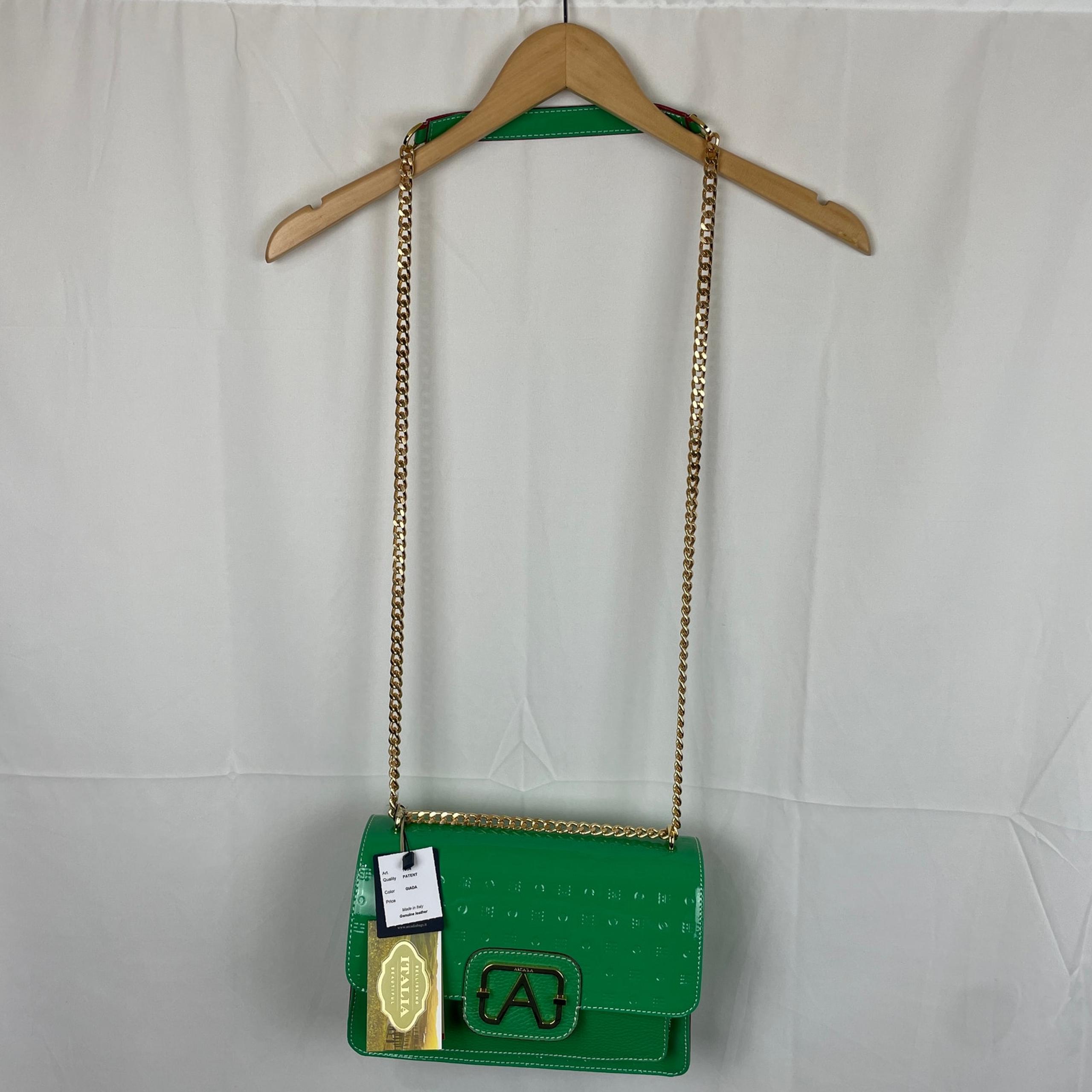 Arcadia Gianna Small Crossbody Green Patent Gold Chain Made in Italy Dust Bag