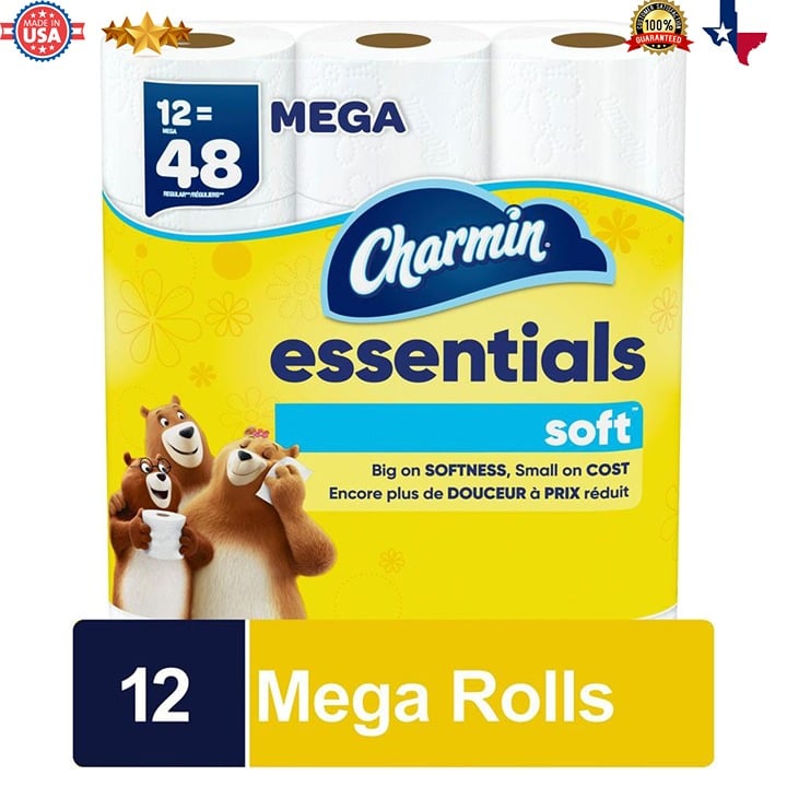 Charmin 12 Mega Rolls Essentials Soft Toilet Paper, (2 Pack 24 Roll)