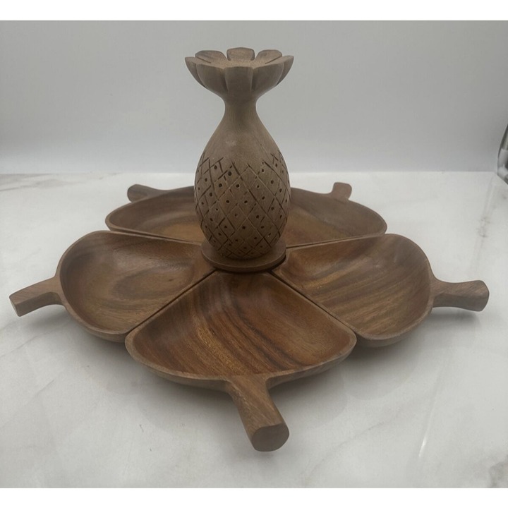 Vtg Monkey Pod Wood Pineapple Toothpick Holder Appetizer W/Trays