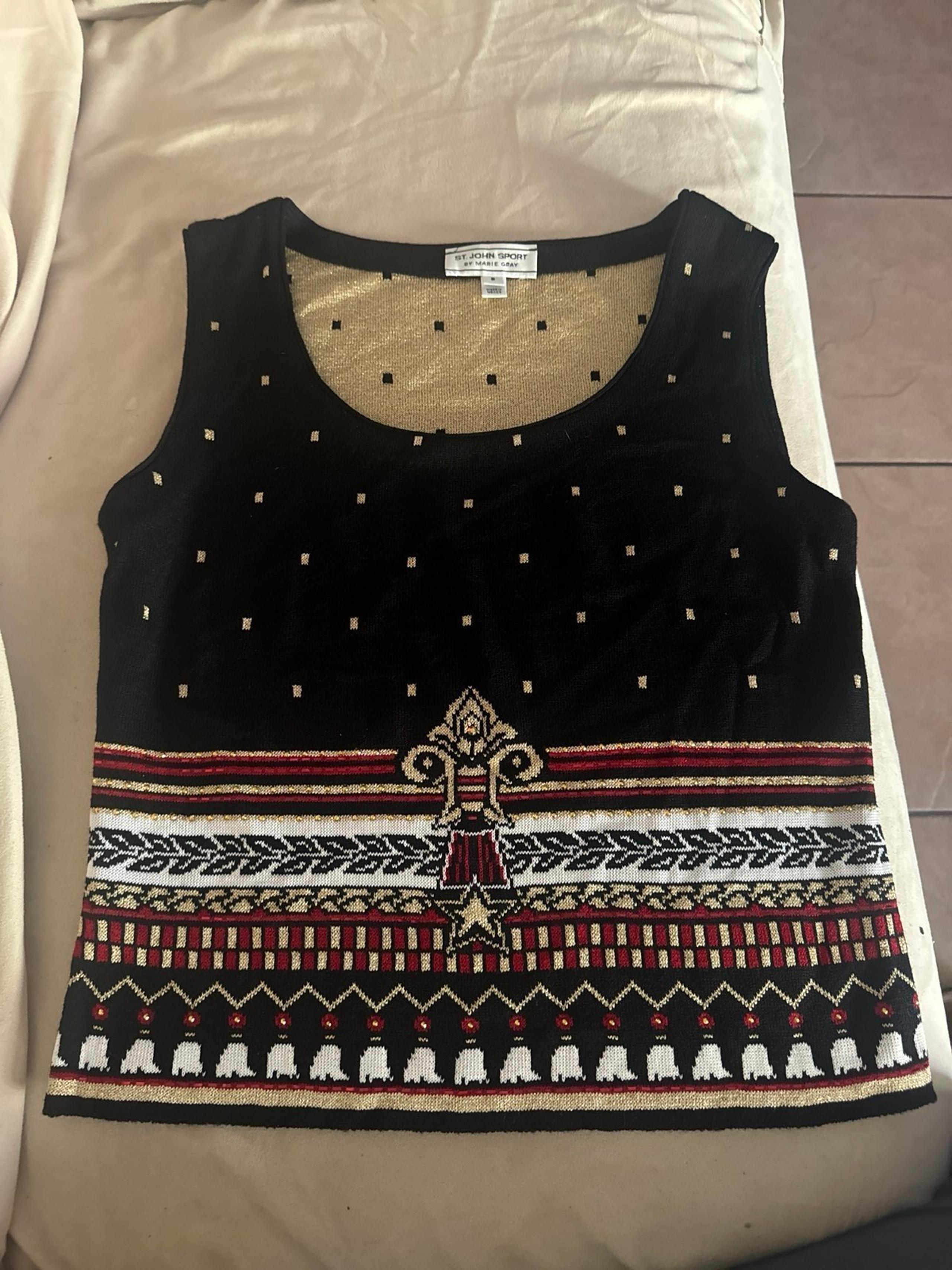 ST. JOHN SPORT by Marie Grey.   Black/red/golden knit blouse size small, NWOT