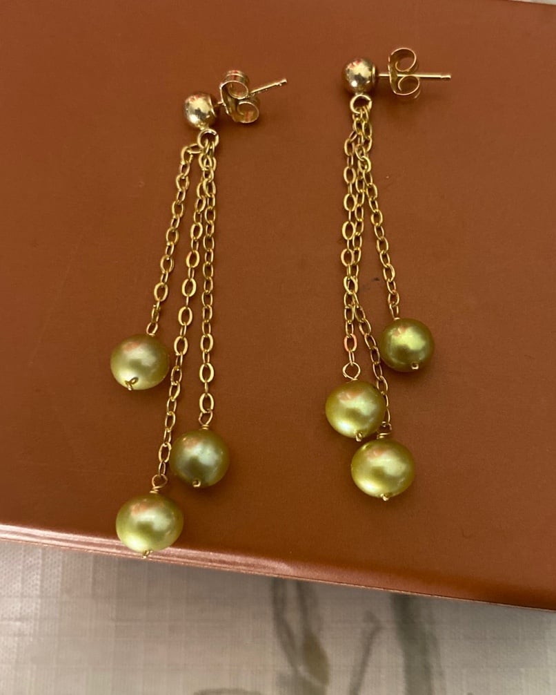 14k Yellow Gold Fresh Water Pistachio Pearl Chandelier Earrings