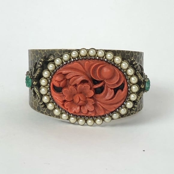 Vintage Ollipop Brass Faux Coral Jade Bracelet