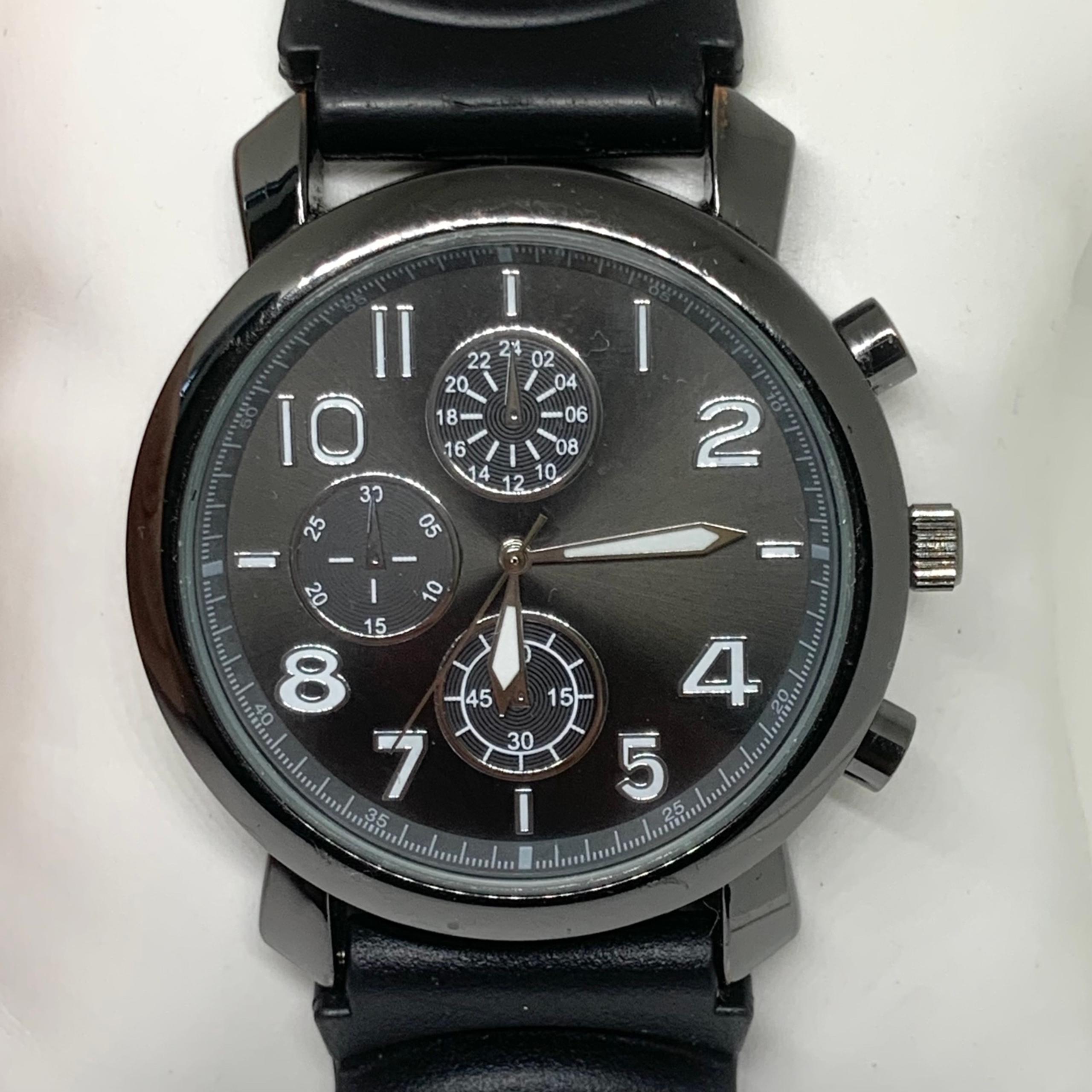 Accutime men’s watch Quartz analog 44mm black tone case dial plastic band runs