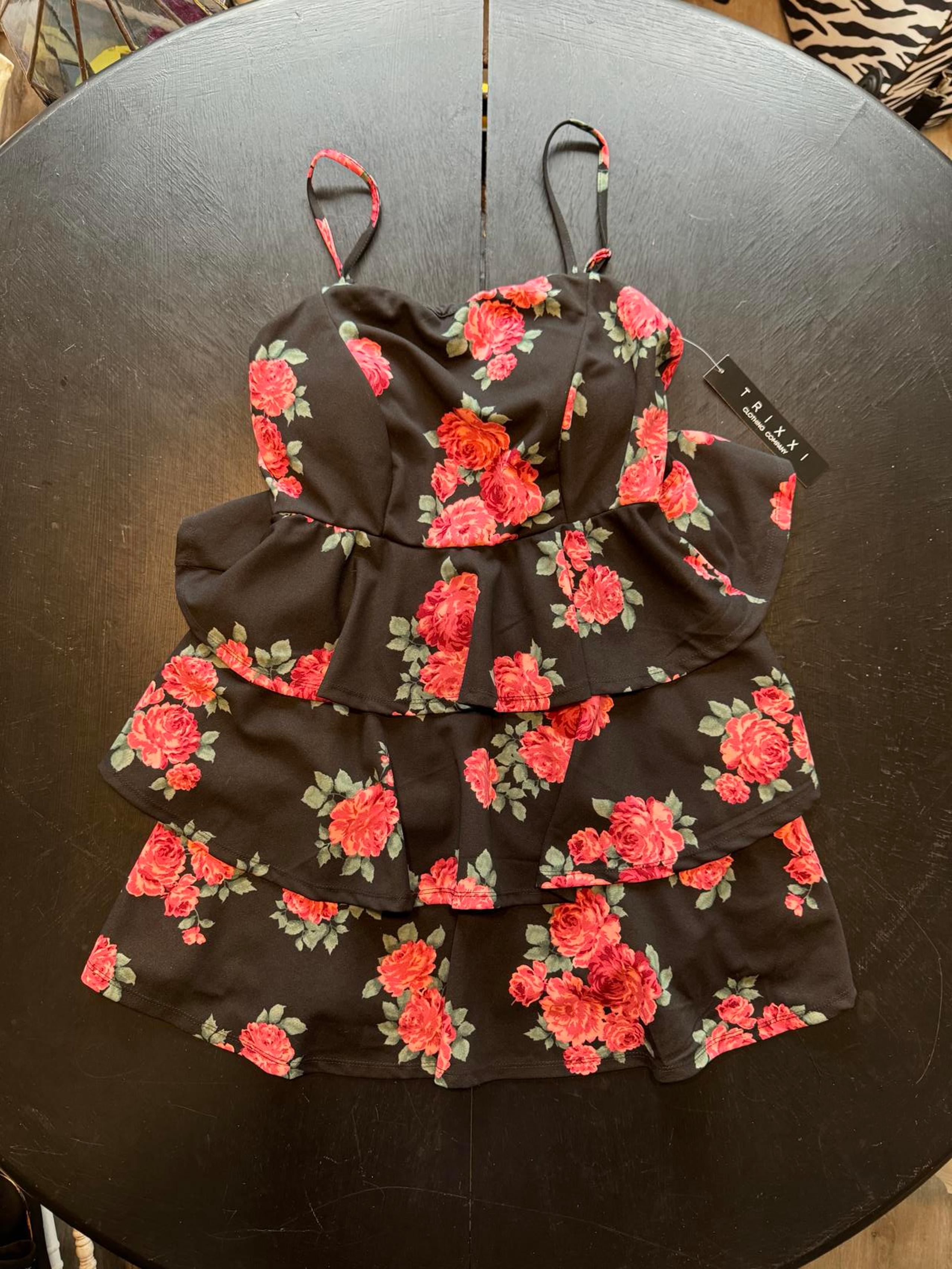 TRIXXI Floral Peplum Top - NWT - Black with Red Roses