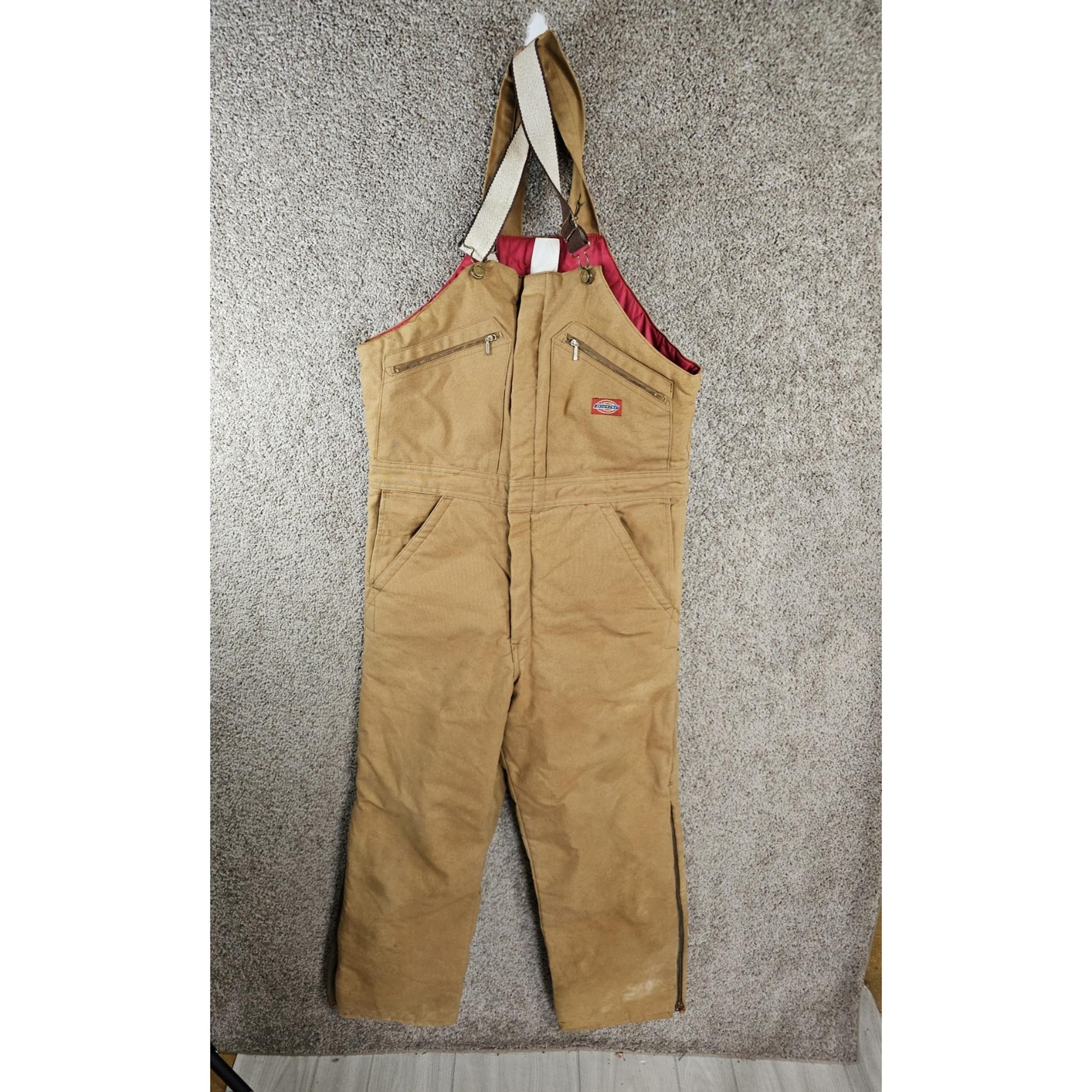 VTG Dickies Mens Insulated Red Quilted Duck Tan Bib Overalls 34/36 X 27"