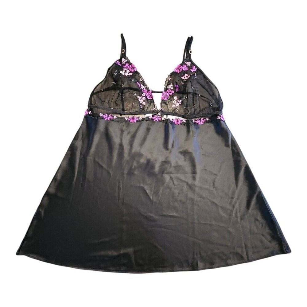 Victoria's Women's Secret Floral Embroidery Black Satin Slip Size XXL NWT