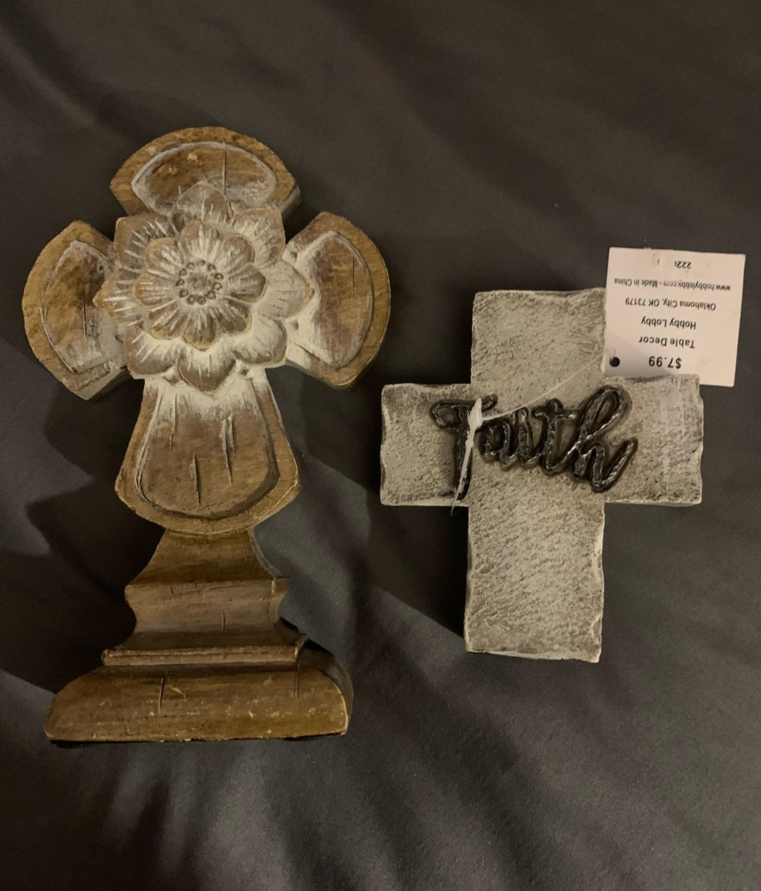 Hobby Lobby Tabletop Home Decor : Cross Duo - Rounded w Flower & “Faith”