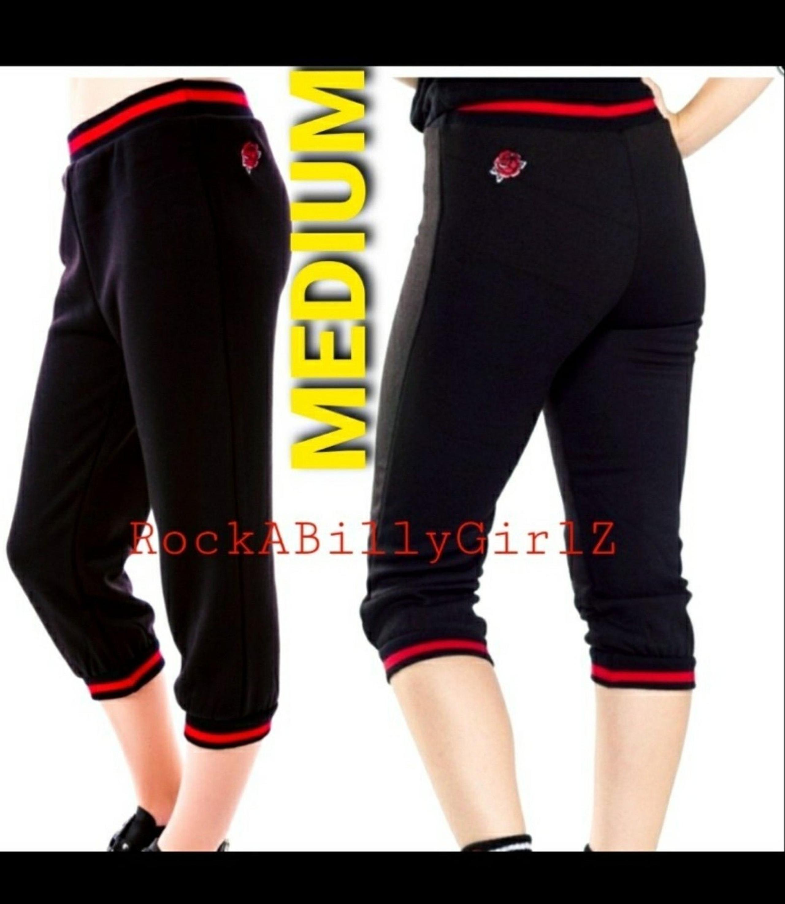Sourpuss Thick Black Fleece Capri Pants w Embroidered Red Rose on Hip Red Trim