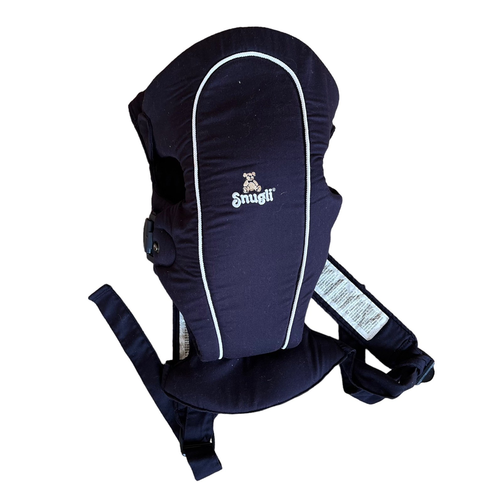 Retro snugli baby carrier wearing navy blue embroidered teddy bear