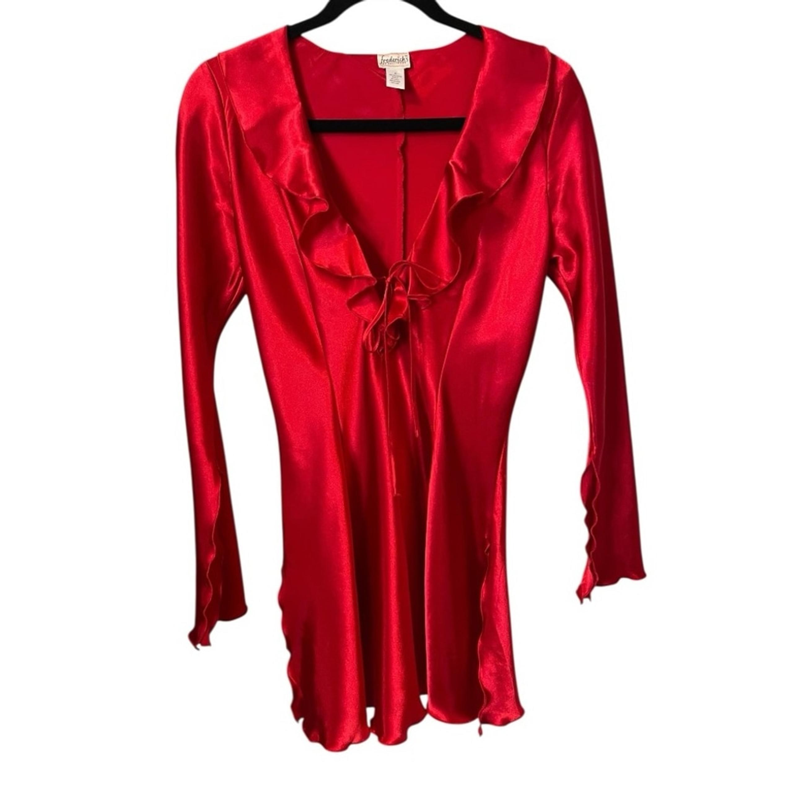FREDERICKS Satin Collection Ruffle Garnet Red Nightie Long Sleeve Sz S