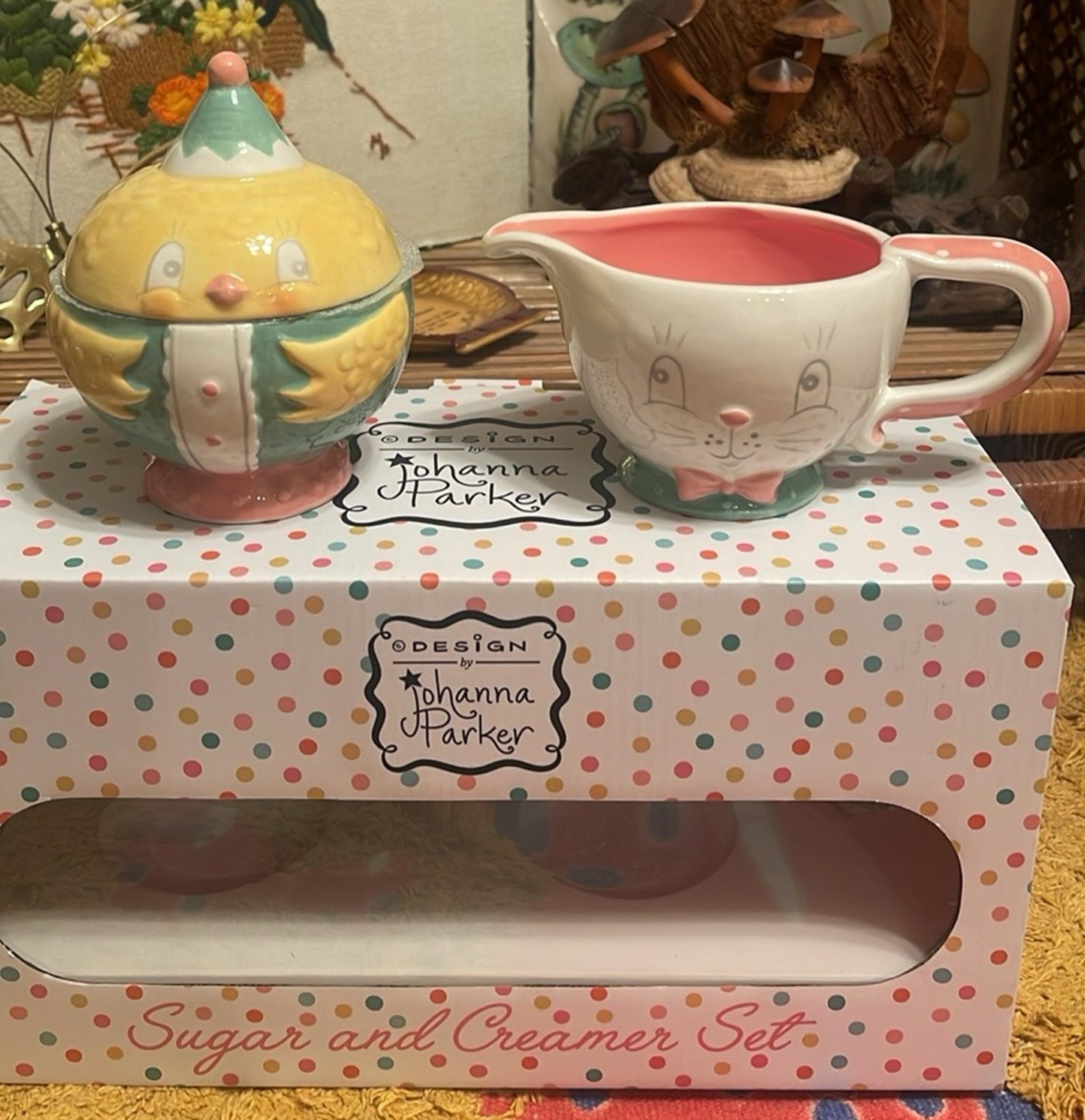 JOHANNA PARKER DESIGN Spring Easter Chick & Bunny Ceramic Sugar & Creamer NIB