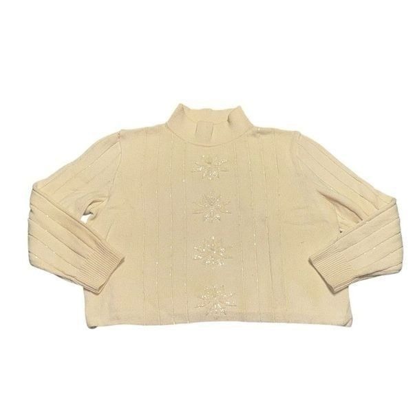 Women’s ST JOHN SPORT ACREAM SNOW FLAKE SEQUIN MOCK TURTLE NECK SWEATER MEDIUM