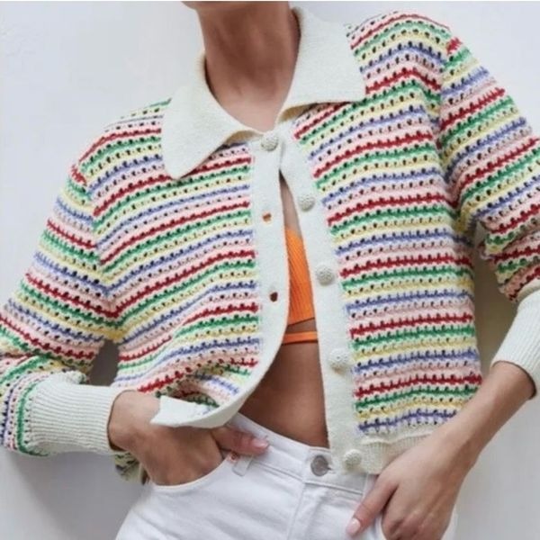 Zara Lapel Collar Rainbow Stripe Short Sleeve Cardigan Sweater Sz M EUC