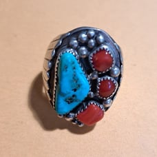 Silver, Turquoise and red Coral Navajo mens ring
