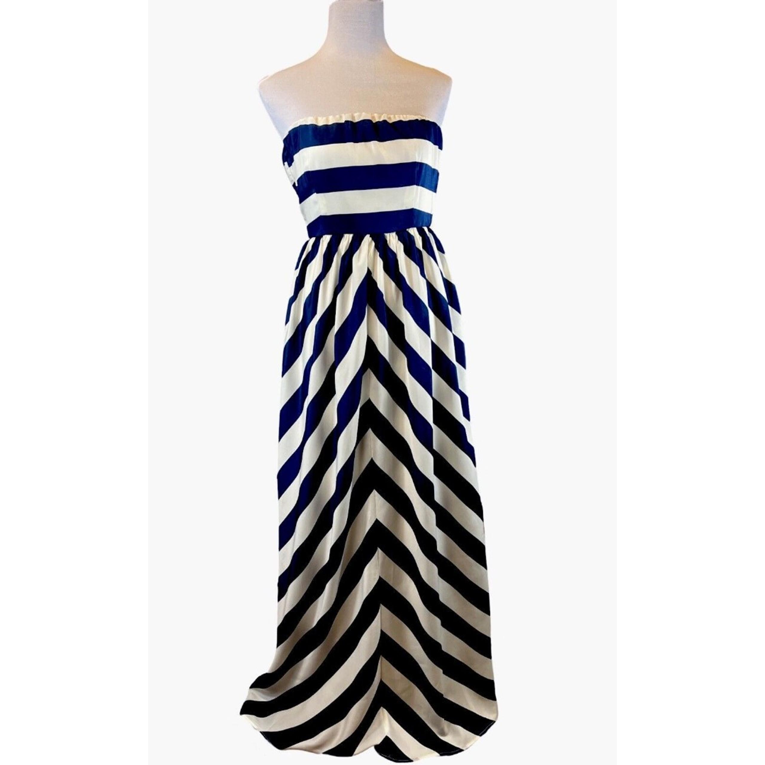 Lulus Dreamboat Come True Ivory and Navy-Blue Striped Maxi Dress-XS