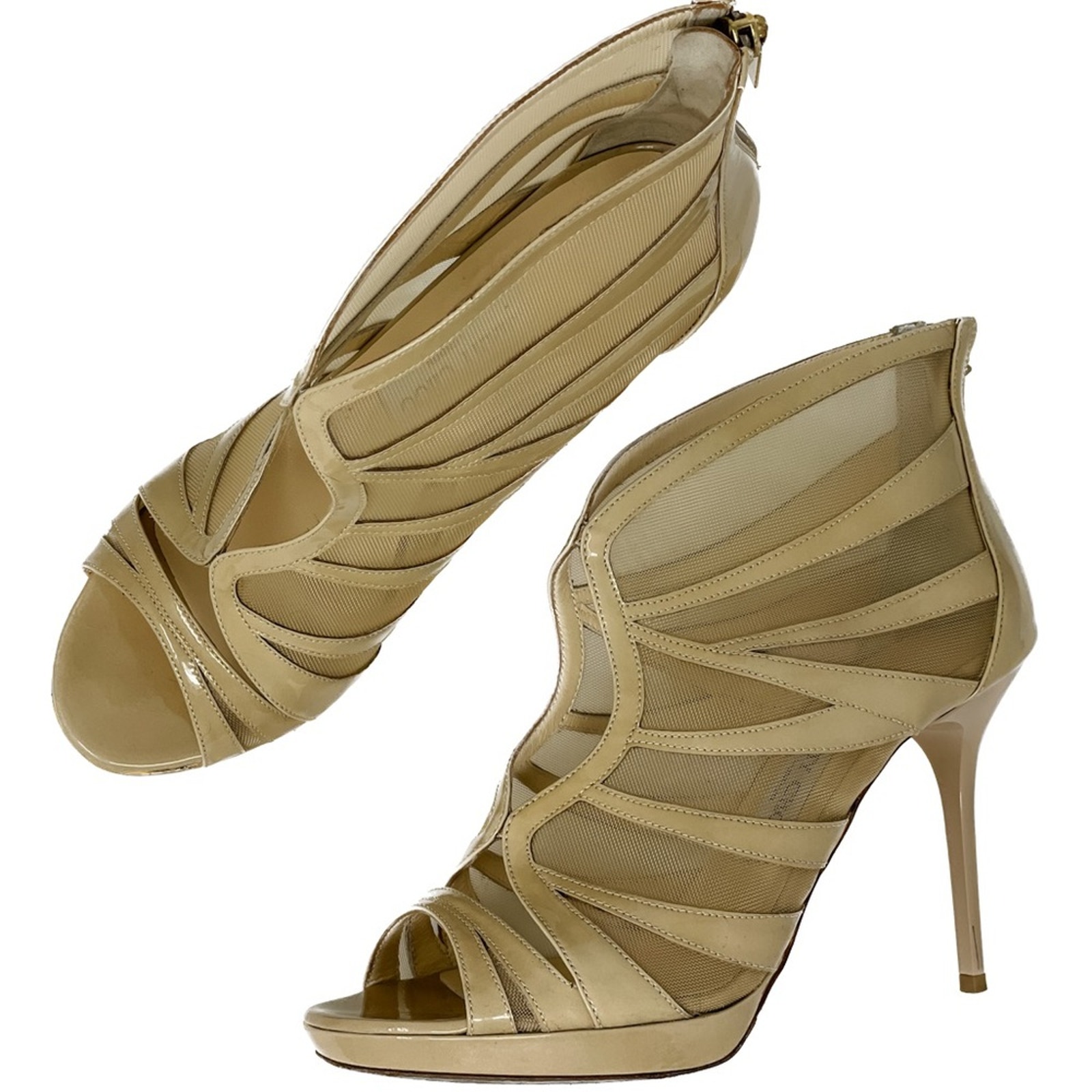 Jimmy Choo Nude Neutral Patent Leather Mesh Ankle Zip Cage Heels size 38 / US7.5