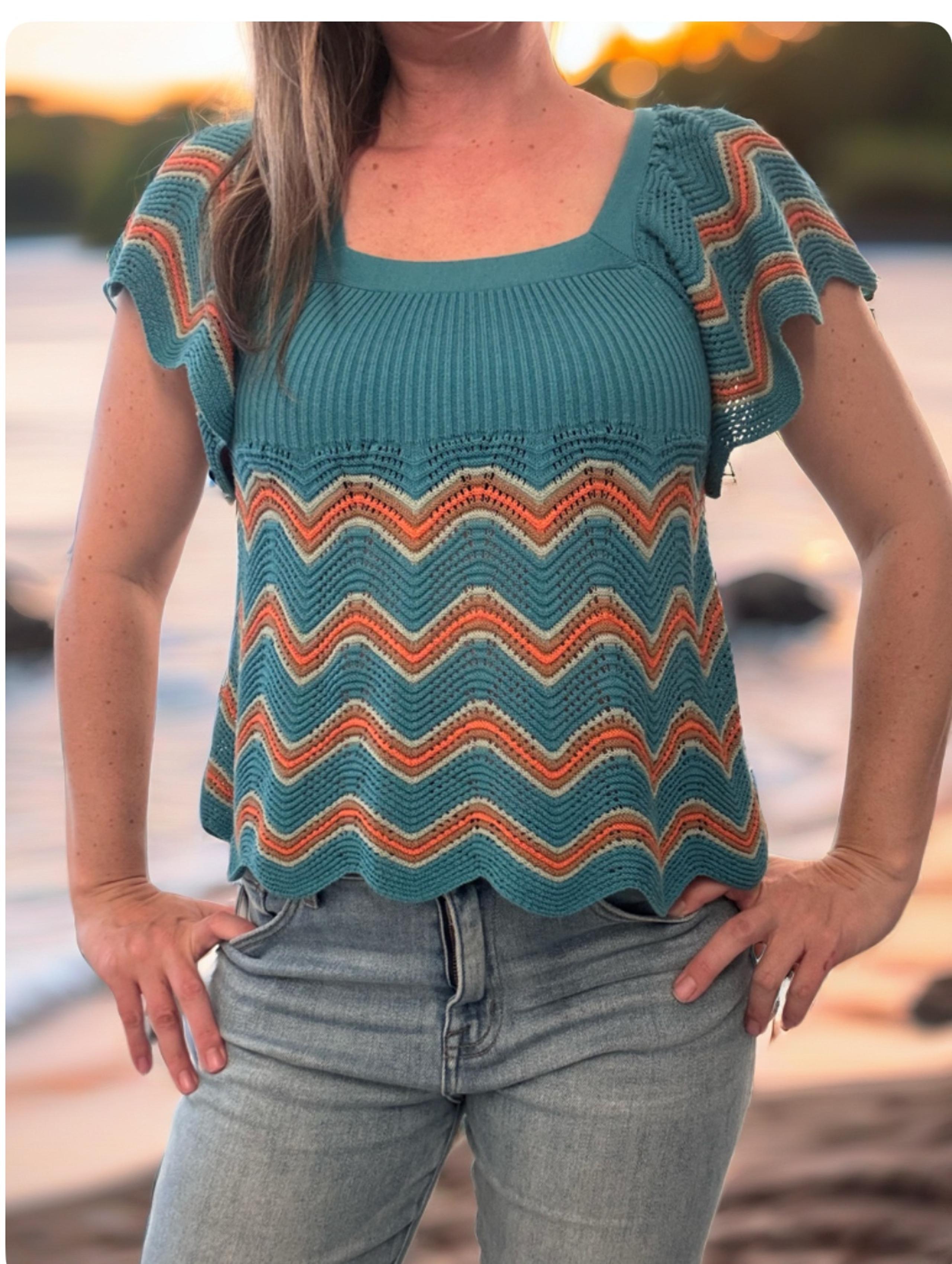 Free People Turquoise Orange Chevron Knit Sweater Top Short Sleeves size XS