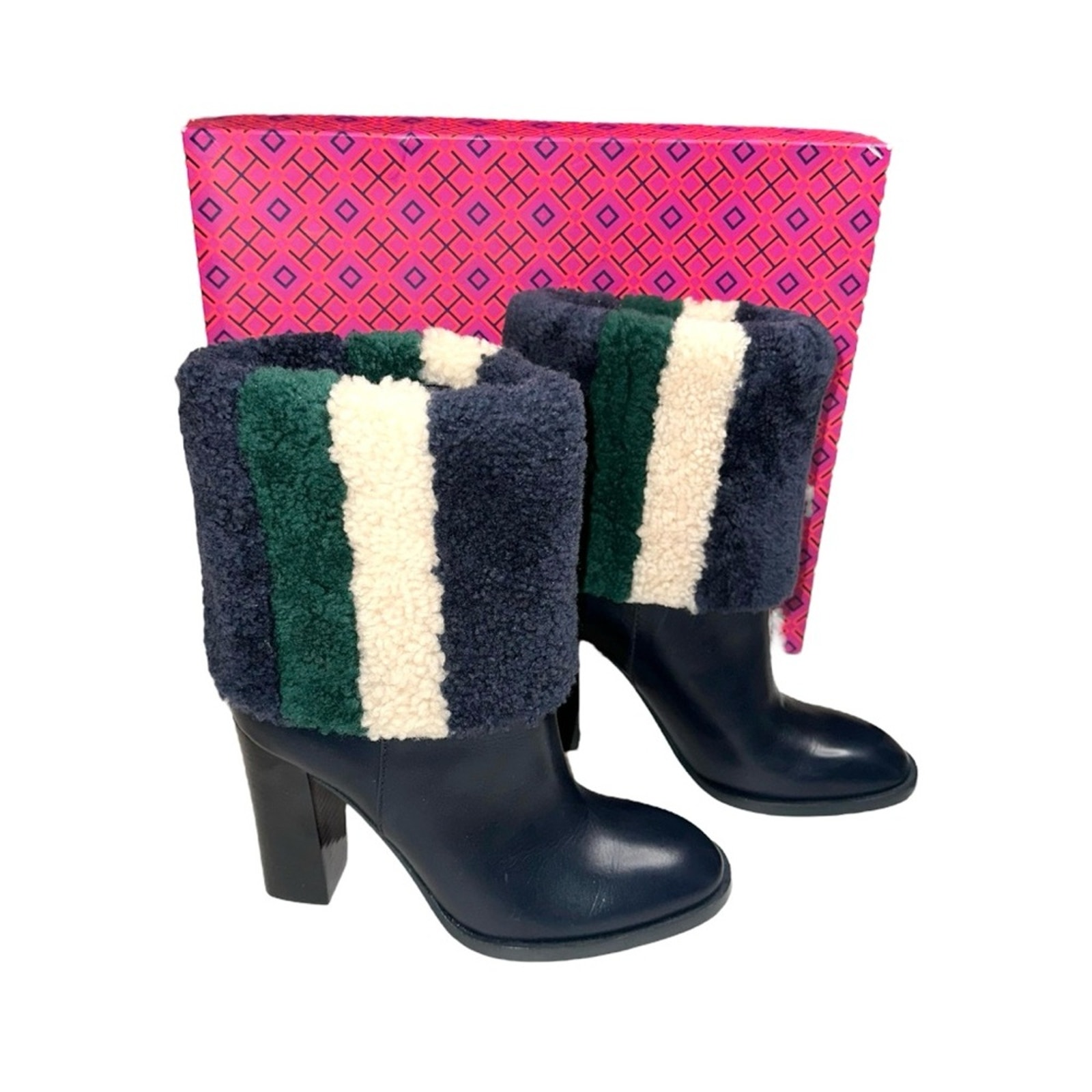 Tory Burch Bamford 100mm Navy Lamb Fur Block Heel Booties 7M