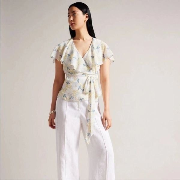 NWT New TED BAKER Gemmiaa Floral Print Ruffle Wrap Blouse Size US6/M(2 TB)