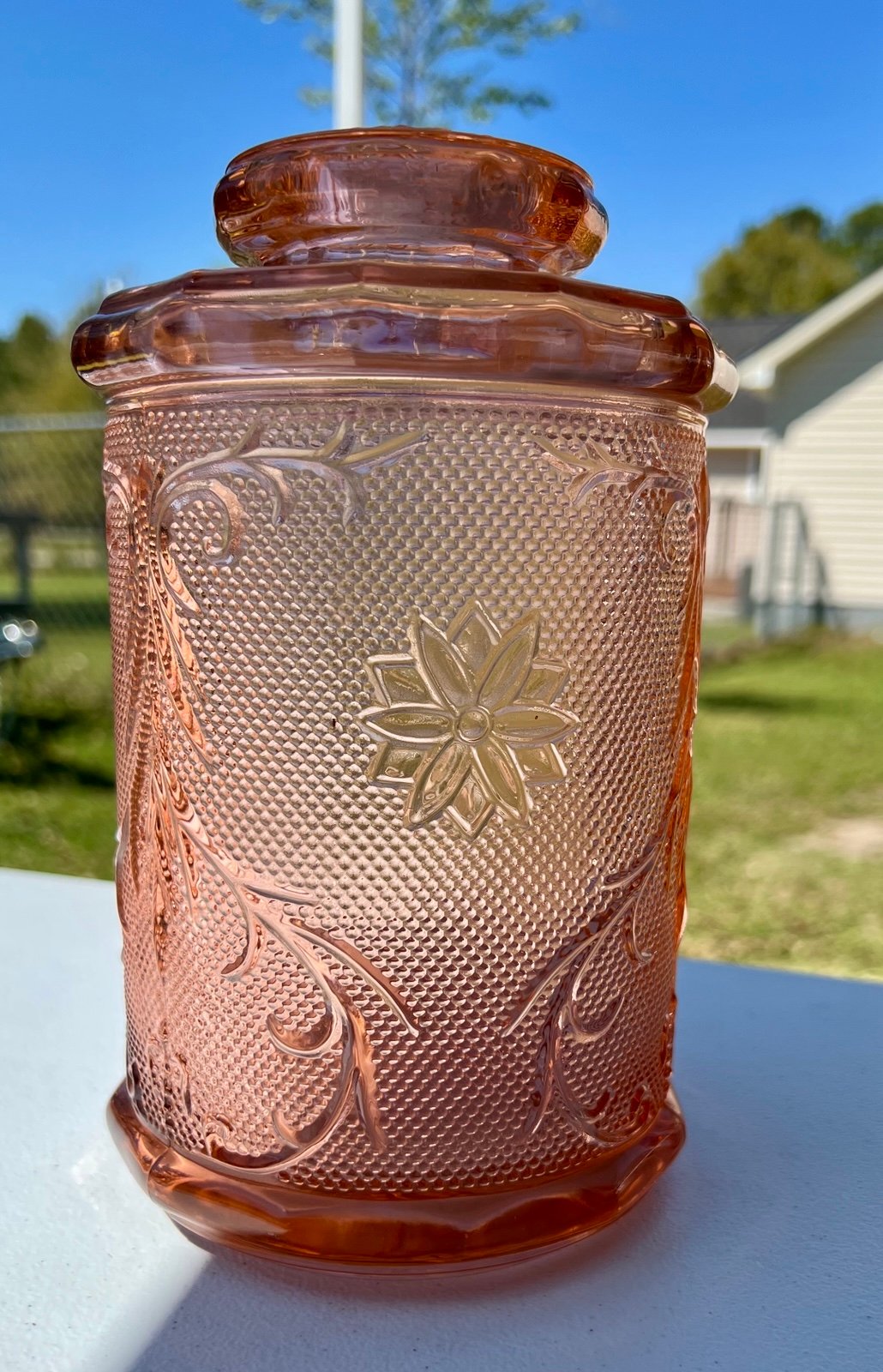 Indiana glass tiara peach tall canister.
