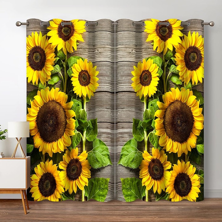 Sunflower Floral Blackout Curtains Spring Flower on Rustic Wood Country 52 x84