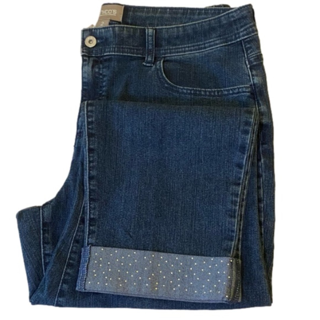 Chicos Size 2 US L 12 Rolled Cuff Rhinestone Hem Ankle Jeans Medium Wash