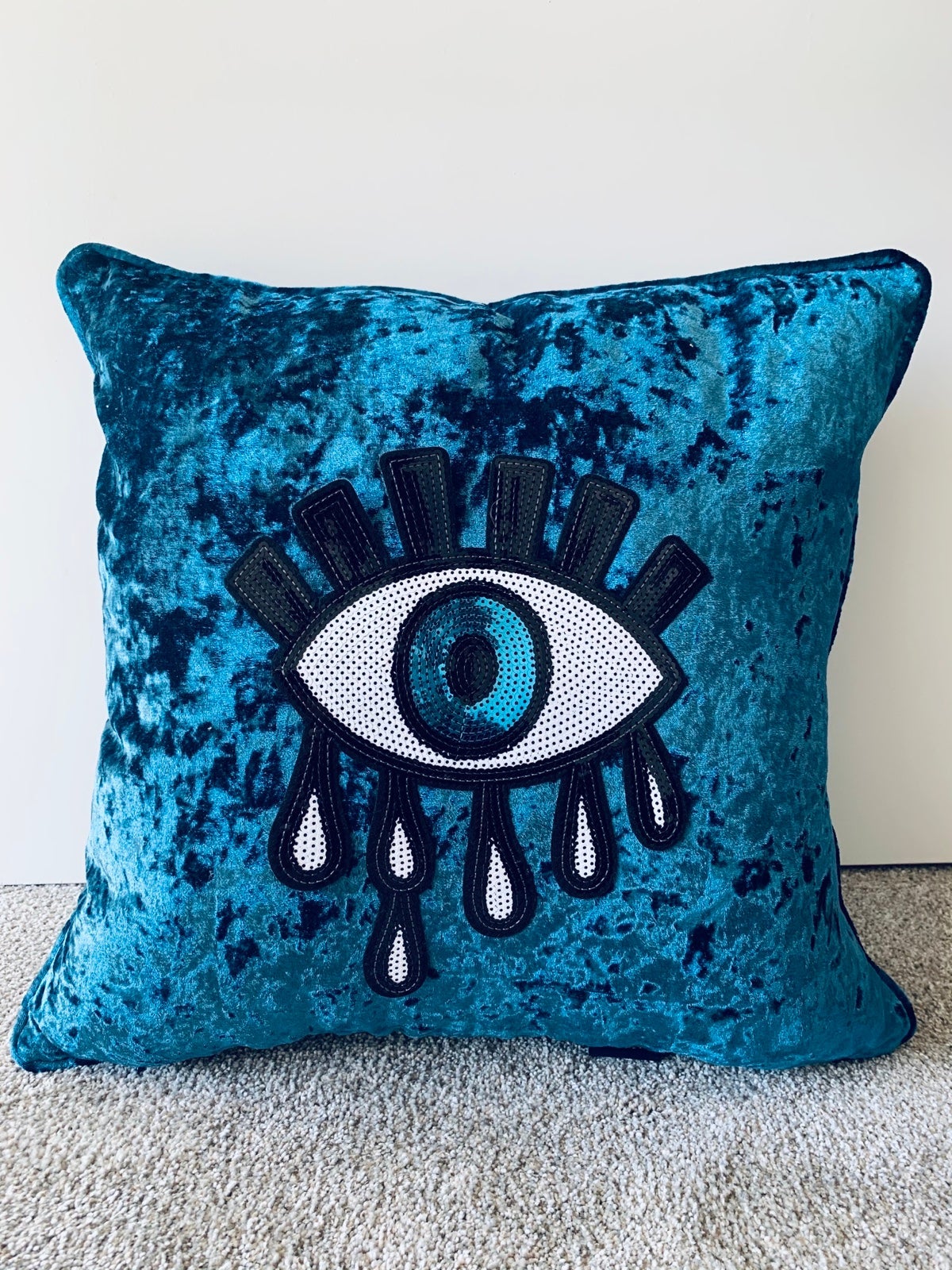 Handmade embellished sequined evil eye blue crushed velvet pillow!