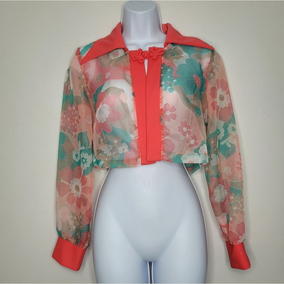 Vintage 60's 70's semi-sheer flower print long sleeve cropped jacket lightweight