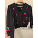 YEMAK Cherry Pom Pom 3/4 Sleeve Cropped Honeycomb Knit Cardigan Sweater