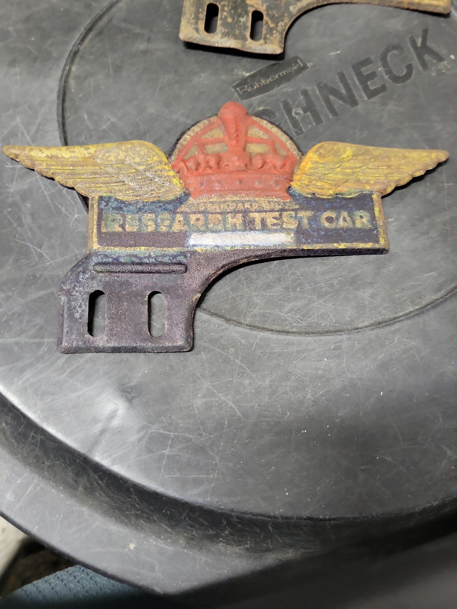 Vintage standard oil research test car sign