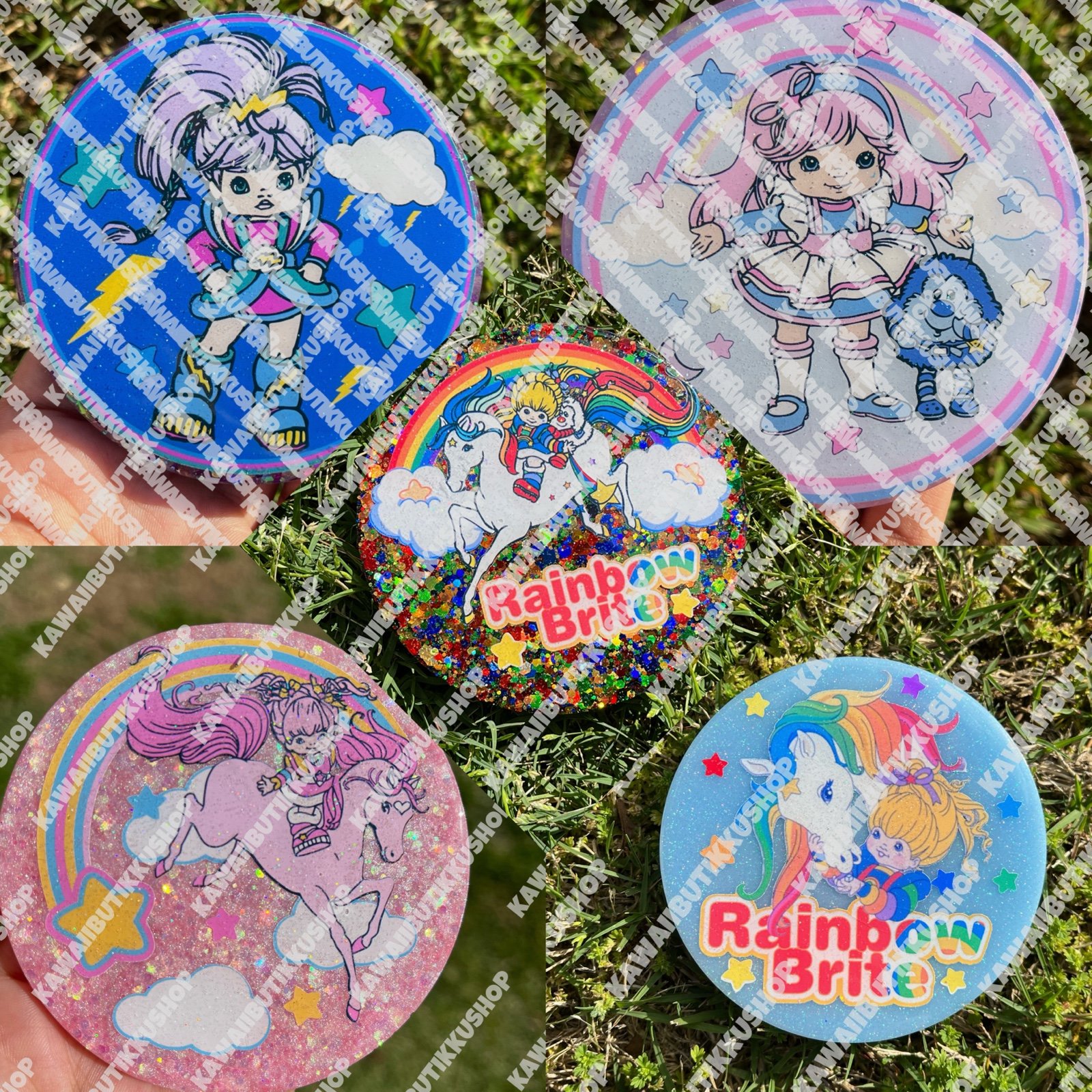 Handmade 80s Rainbow Brite Character Glitter Coaster 5pc Set