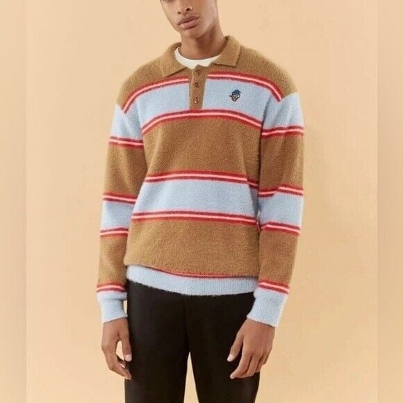 Disney x Forever 21 Men's XXL Donald Duck Polo Shirt Fuzzy Knit Striped Sweater