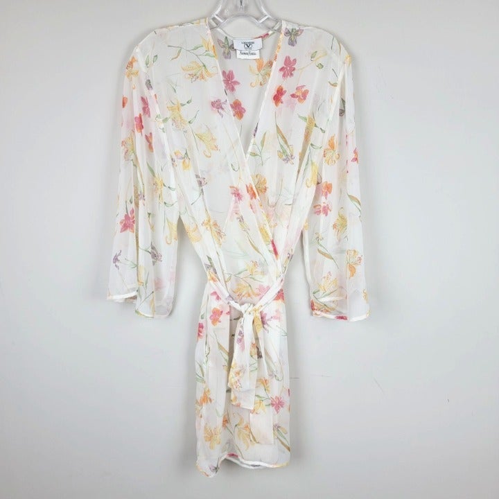 Vintage Valentino Intimo Sheer Chiffon Floral Prints Belted 3/4 Sleeves Robe S